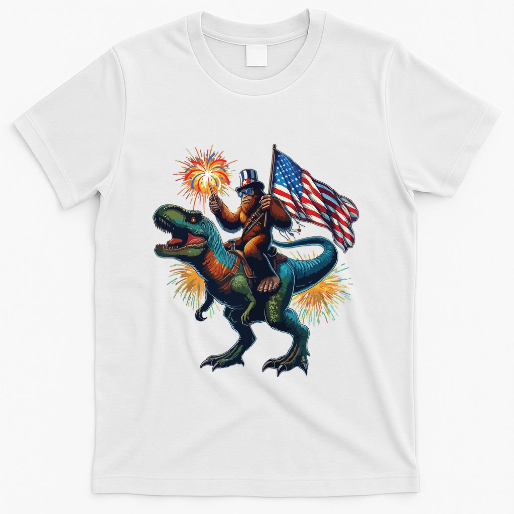 Bigfoot Sasquatch Riding Dinosaur T Rex Funny 4th Of July T-Shirt