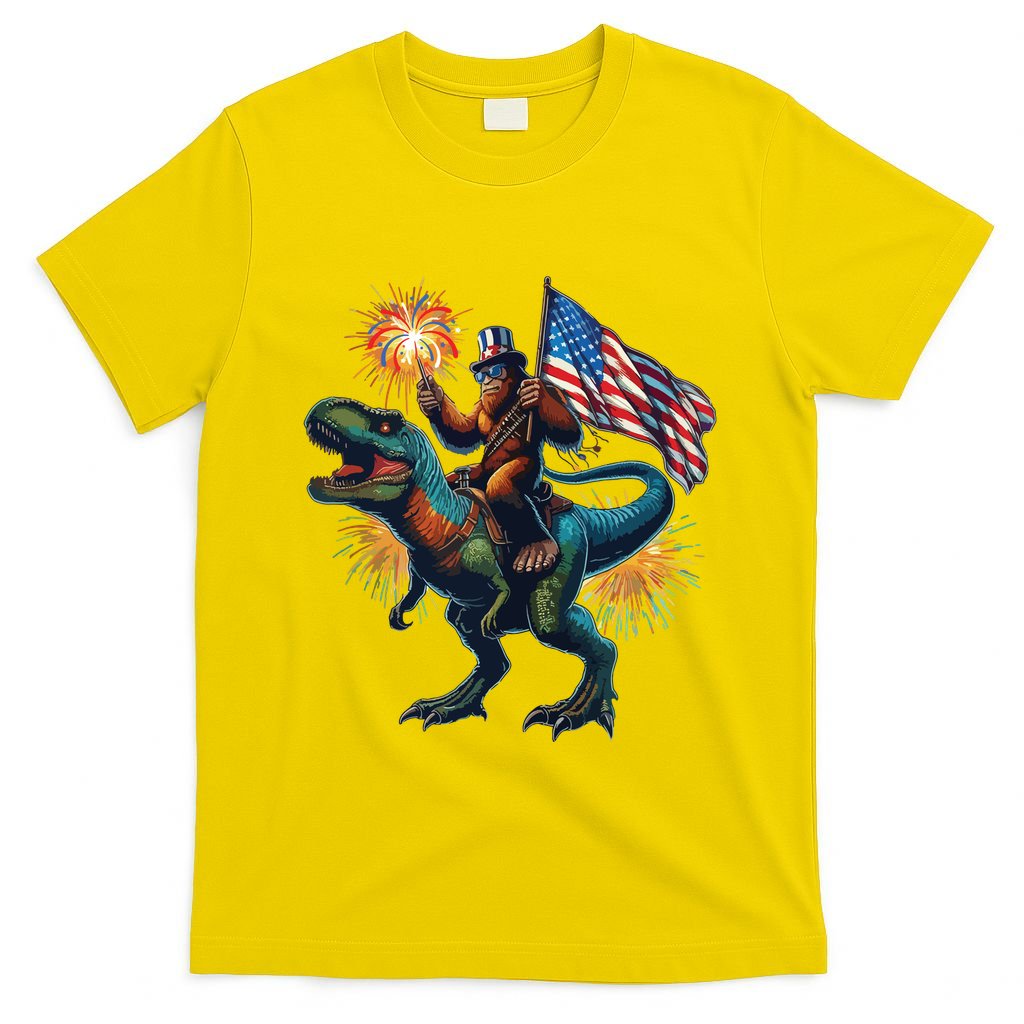 Bigfoot Sasquatch Riding Dinosaur T Rex Funny 4th Of July T-Shirt