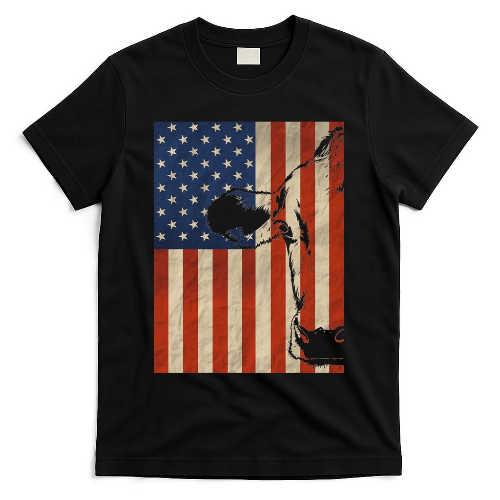 Cow American Flag Cattle Animal Lover Patriotic 4th Of July T-Shirt
