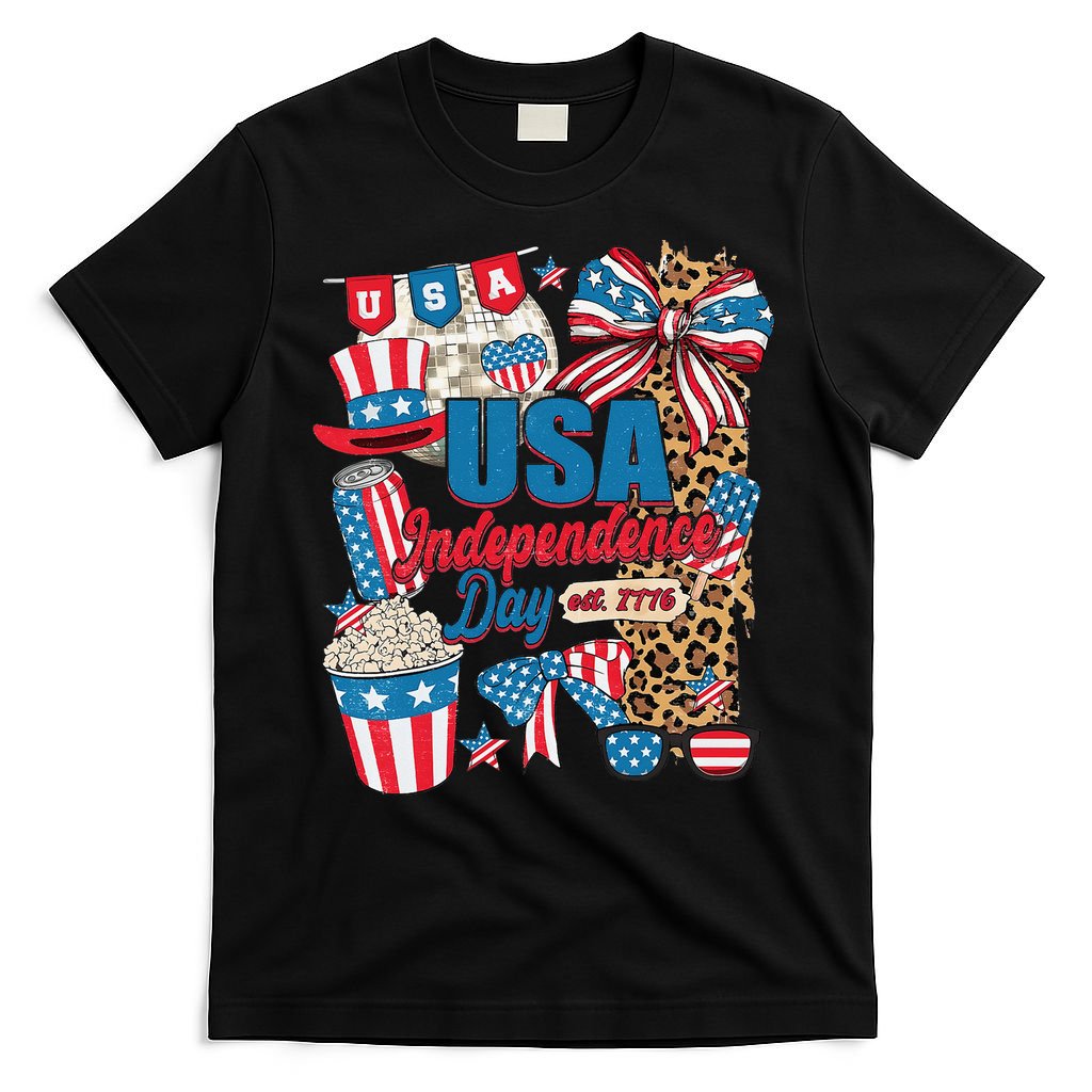 Coquette Bow USA 4th Of July American Flag Independence Day T-Shirt