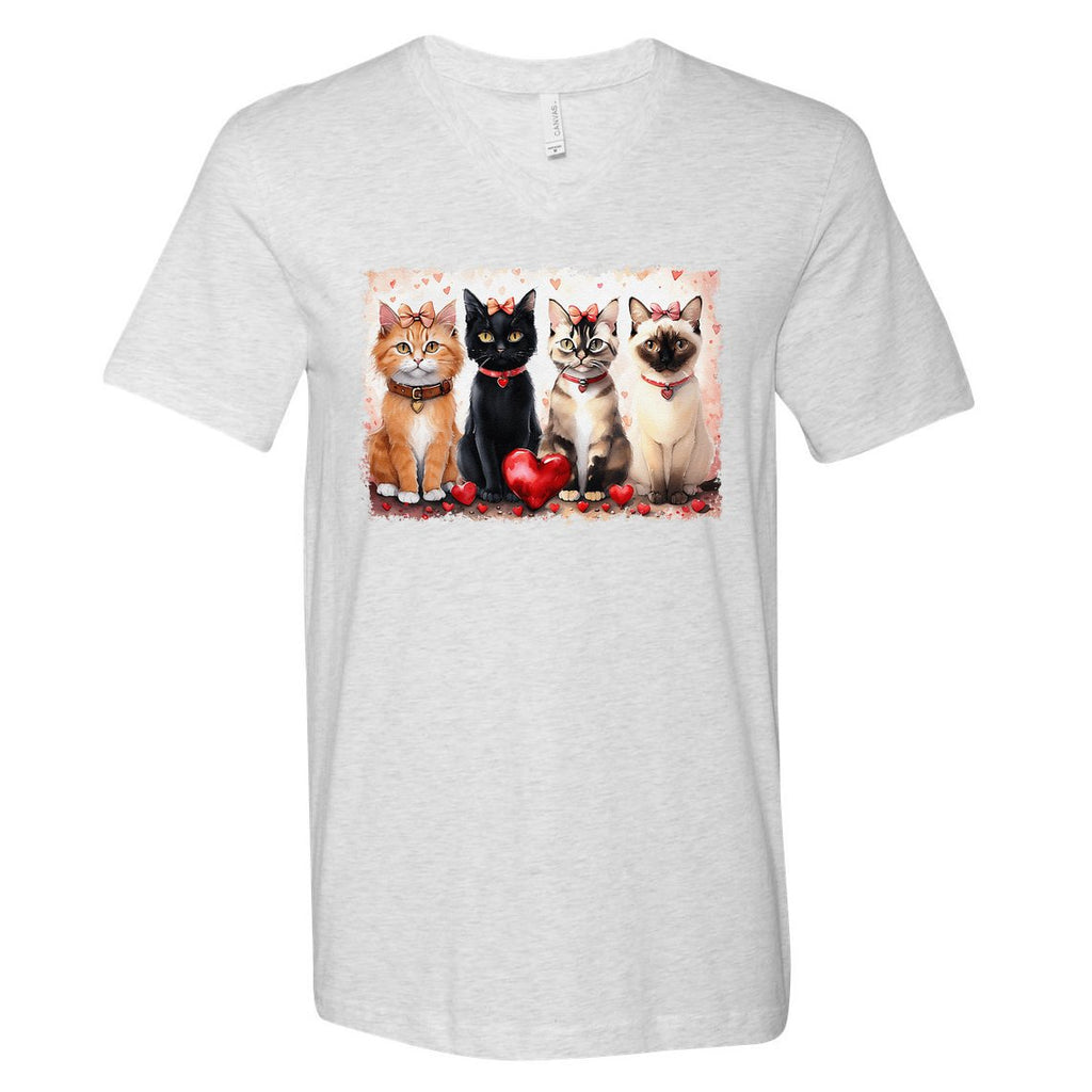 Cute Cat Coquette Bow Valentine Heart Kitty Cat Lover V-Neck T-Shirt