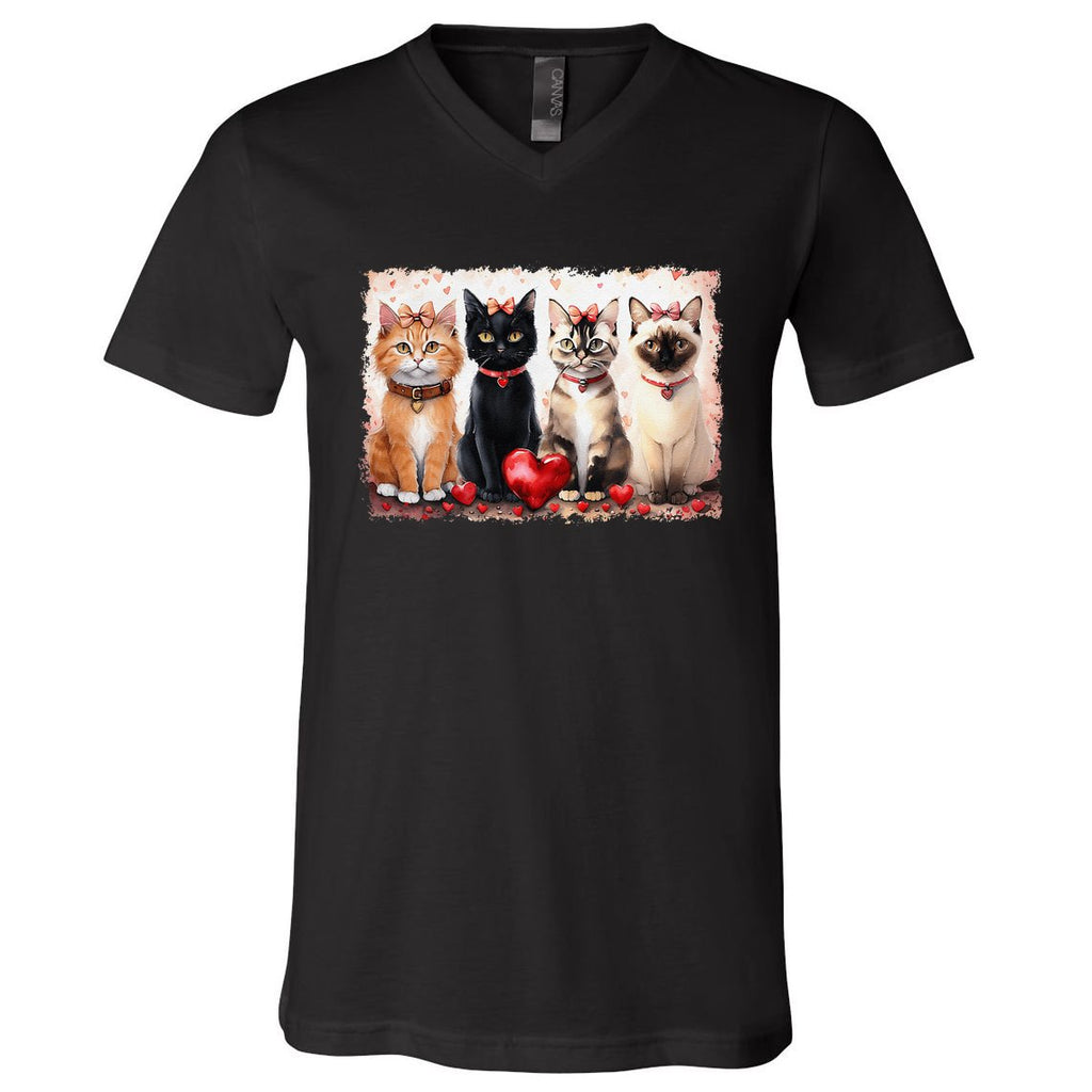 Cute Cat Coquette Bow Valentine Heart Kitty Cat Lover V-Neck T-Shirt