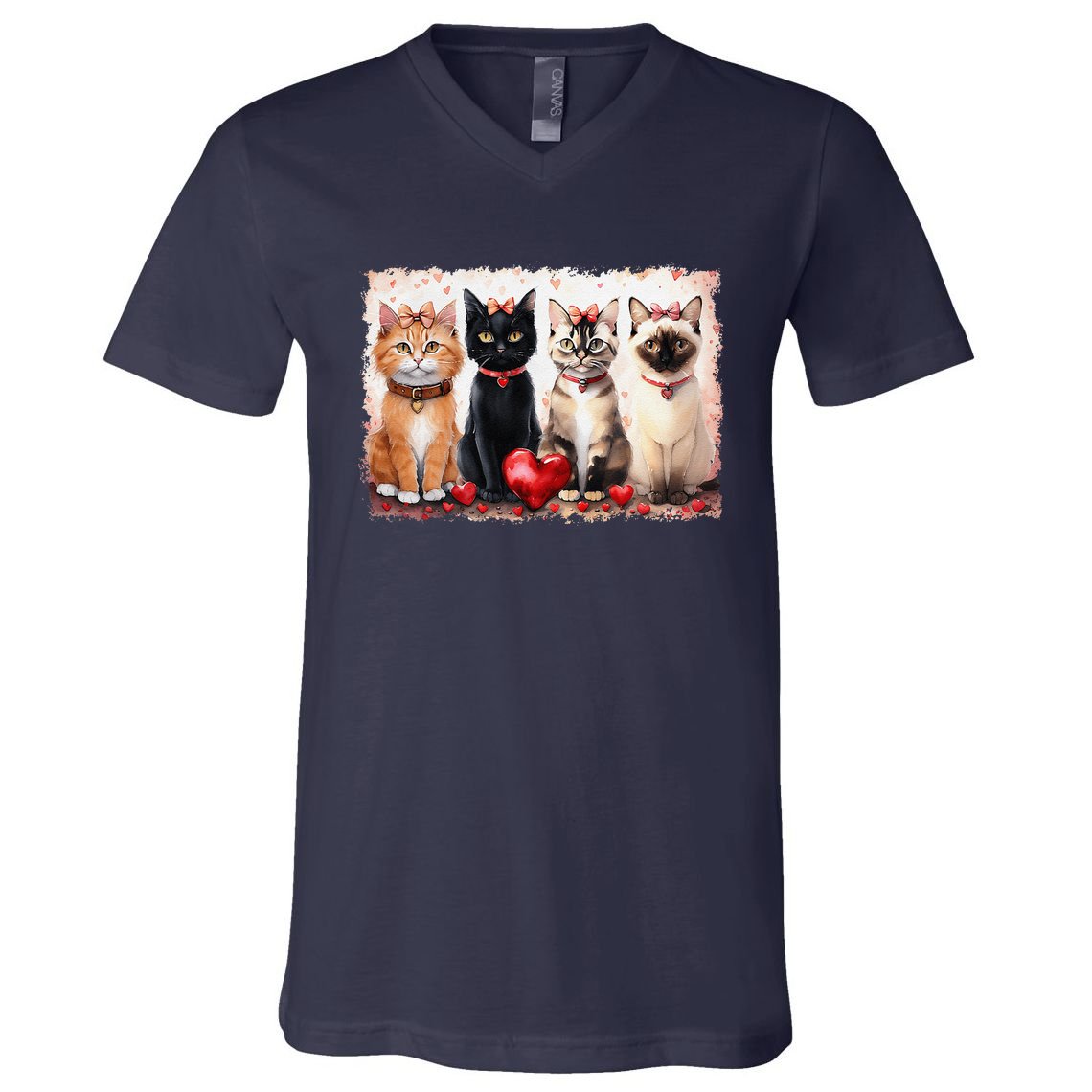 Cute Cat Coquette Bow Valentine Heart Kitty Cat Lover V-Neck T-Shirt