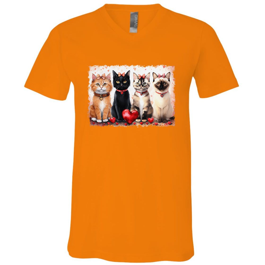 Cute Cat Coquette Bow Valentine Heart Kitty Cat Lover V-Neck T-Shirt