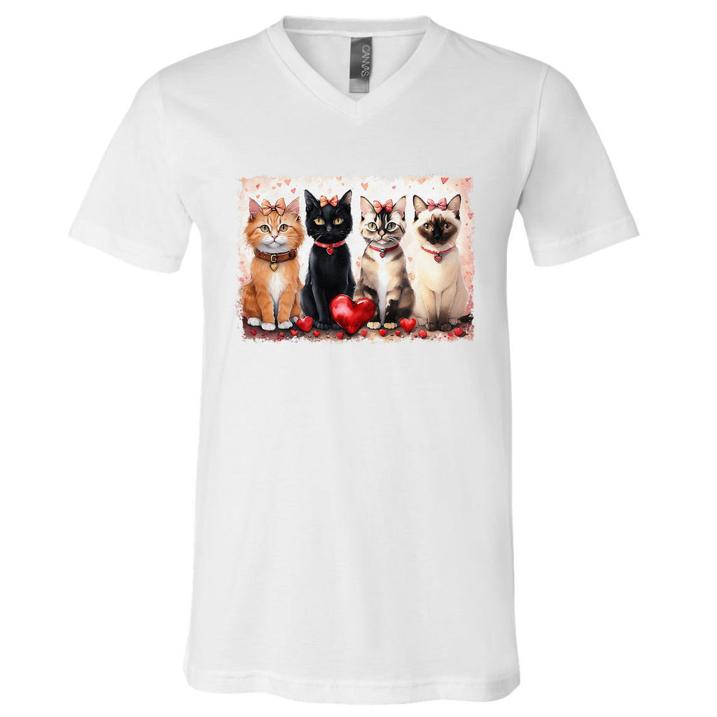 Cute Cat Coquette Bow Valentine Heart Kitty Cat Lover V-Neck T-Shirt