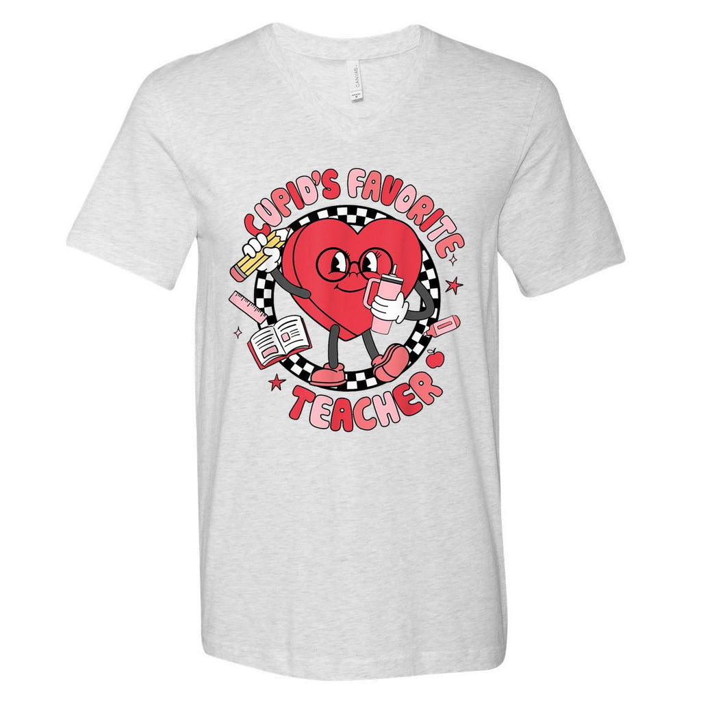 Cupids Favorite Teacher Cute Heart Valentines Day V-Neck T-Shirt