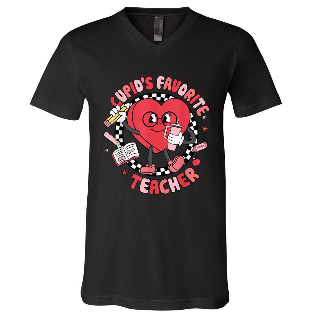 Cupids Favorite Teacher Cute Heart Valentines Day V-Neck T-Shirt