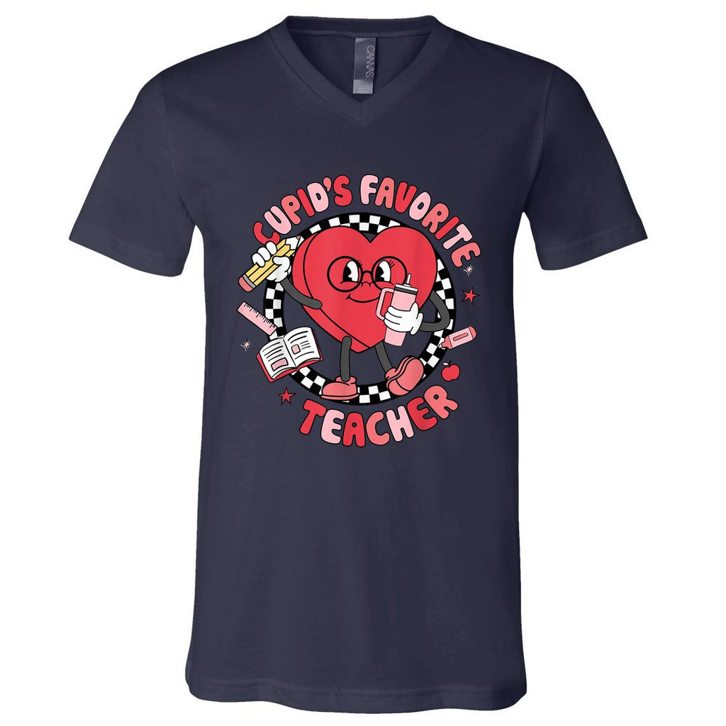 Cupids Favorite Teacher Cute Heart Valentines Day V-Neck T-Shirt
