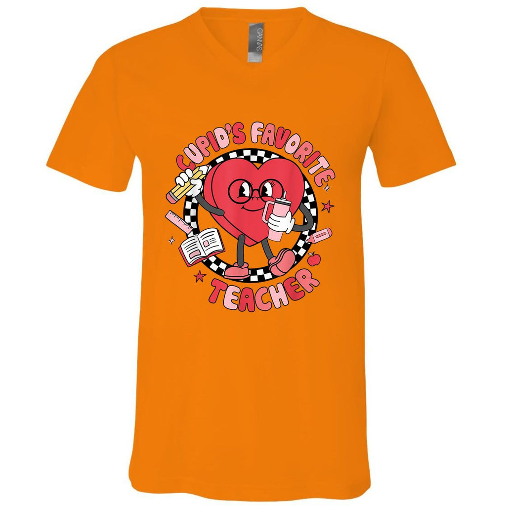 Cupids Favorite Teacher Cute Heart Valentines Day V-Neck T-Shirt