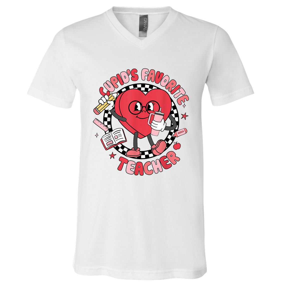 Cupids Favorite Teacher Cute Heart Valentines Day V-Neck T-Shirt