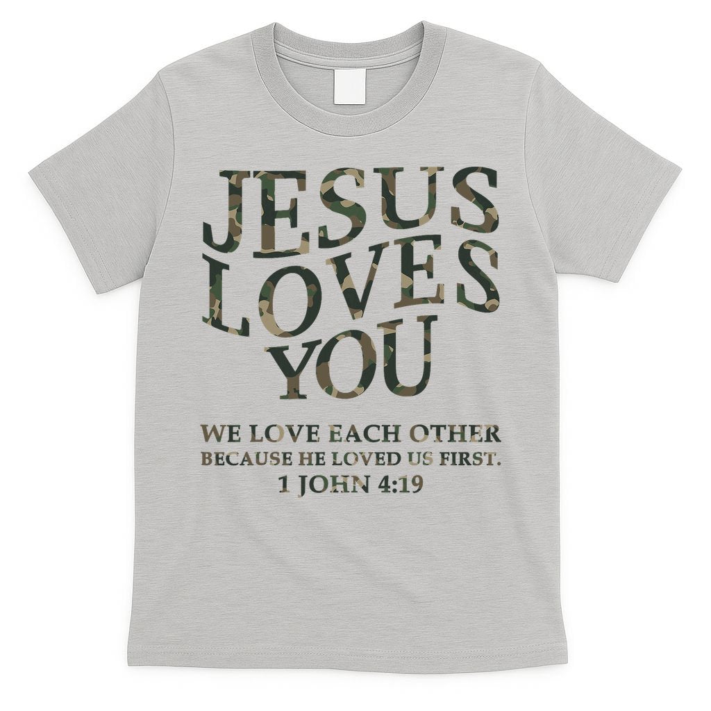 Camo Jesus Loves You White Christian God Son Brother T-Shirt