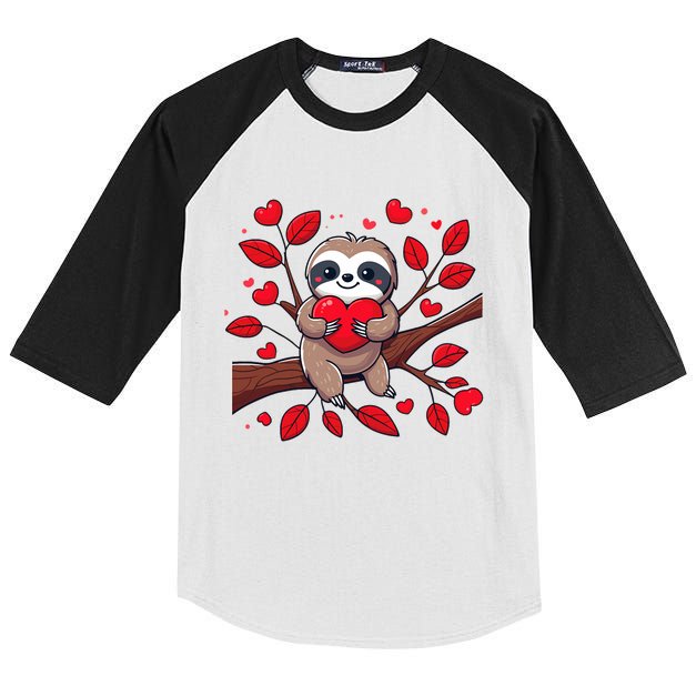 Cute Lazy Sloth Holding Heart Love Sloth Valentines Day Kids Colorblock Raglan Jersey