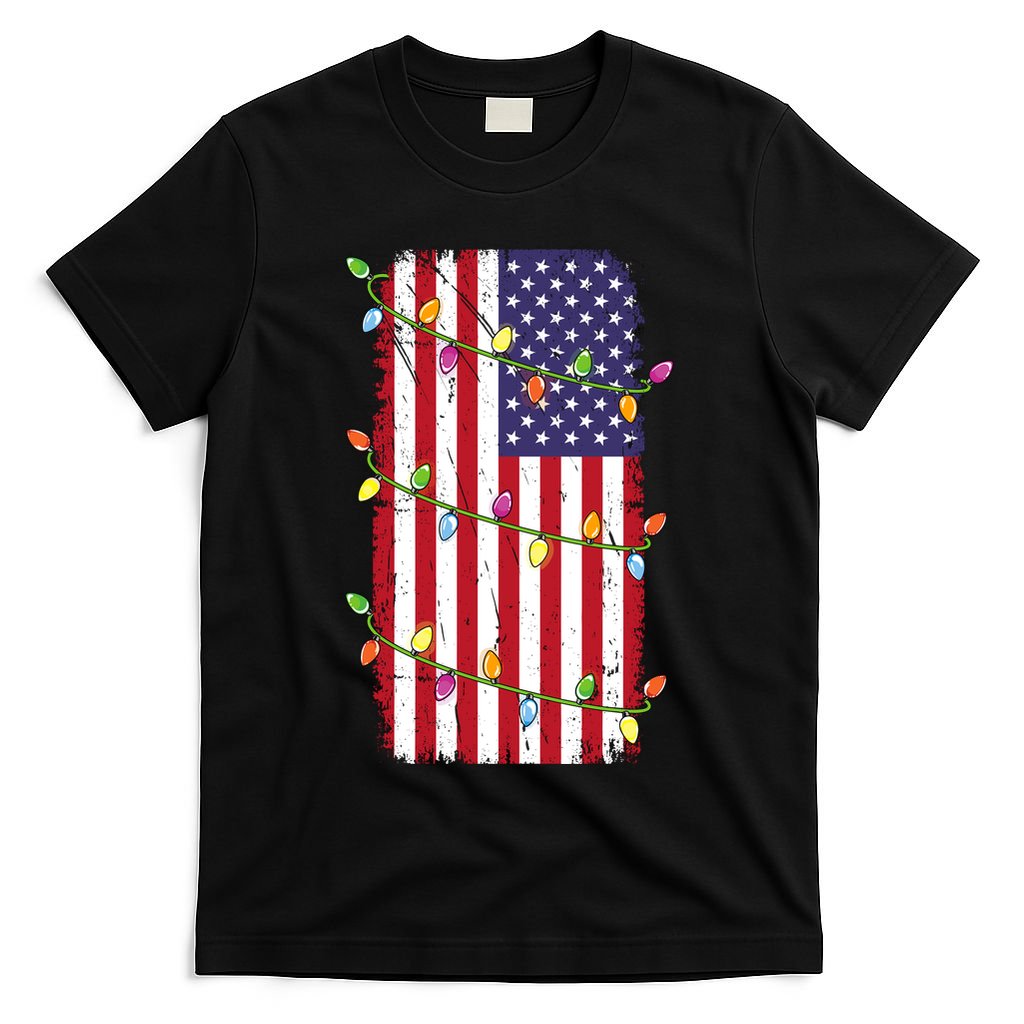 Christmas Lights Usa Flag Patriotic Veteran Christmas T-Shirt