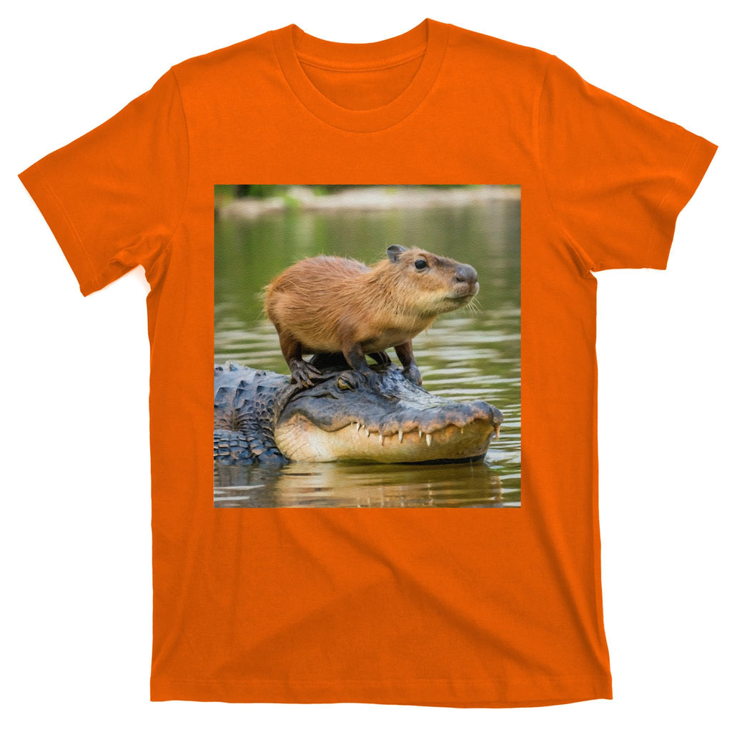 Capybara Meme On Alligator T-Shirt