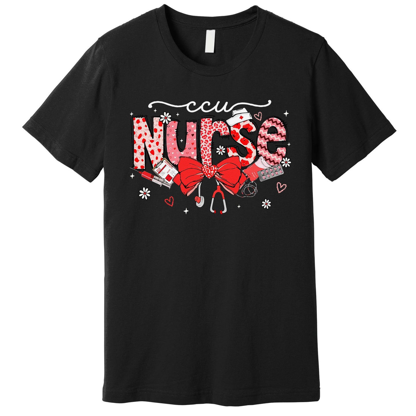 Ccu Nurse Stethoscope Coquette Bow Heart Valentine Nursing Premium T-Shirt