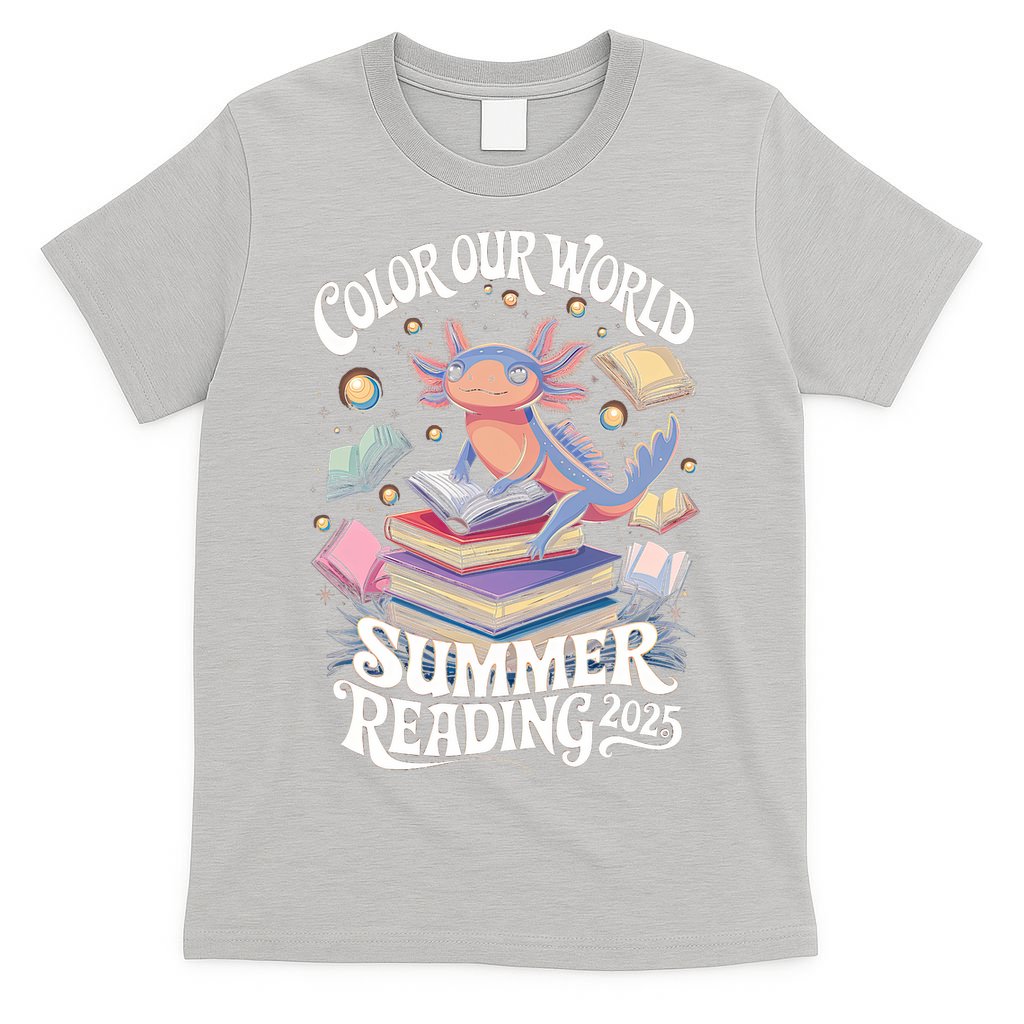 Color Our World Summer Reading 2025 Cute Librarian Axolotl T-Shirt