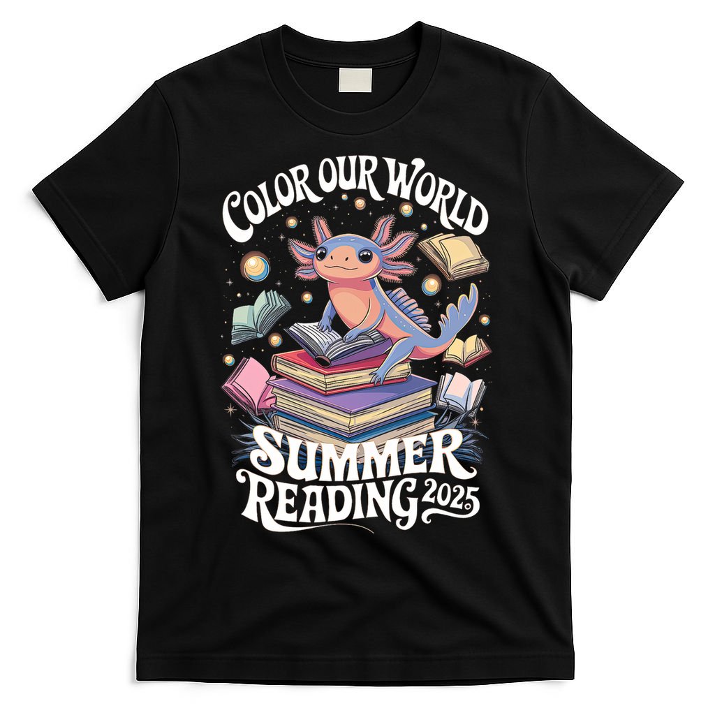 Color Our World Summer Reading 2025 Cute Librarian Axolotl T-Shirt