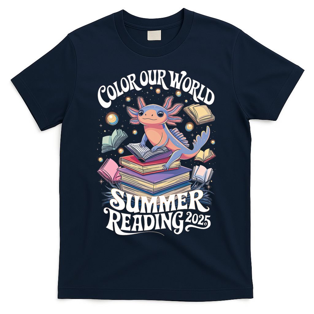 Color Our World Summer Reading 2025 Cute Librarian Axolotl T-Shirt