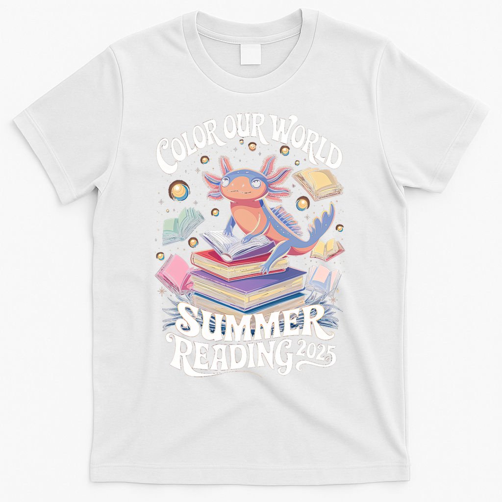 Color Our World Summer Reading 2025 Cute Librarian Axolotl T-Shirt
