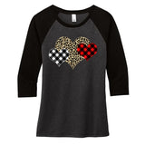 Cute Stylish Leopard Plaid Print Valentine Hearts Women's Tri-Blend 3/4-Sleeve Raglan Shirt