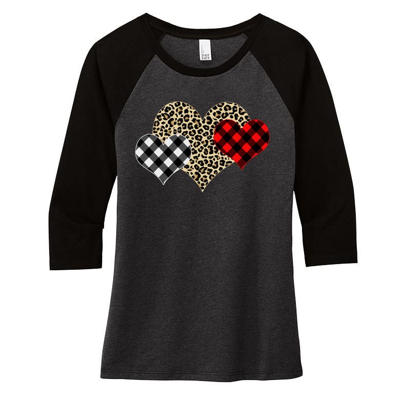 Cute Stylish Leopard Plaid Print Valentine Hearts Women's Tri-Blend 3/4-Sleeve Raglan Shirt