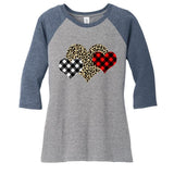 Cute Stylish Leopard Plaid Print Valentine Hearts Women's Tri-Blend 3/4-Sleeve Raglan Shirt