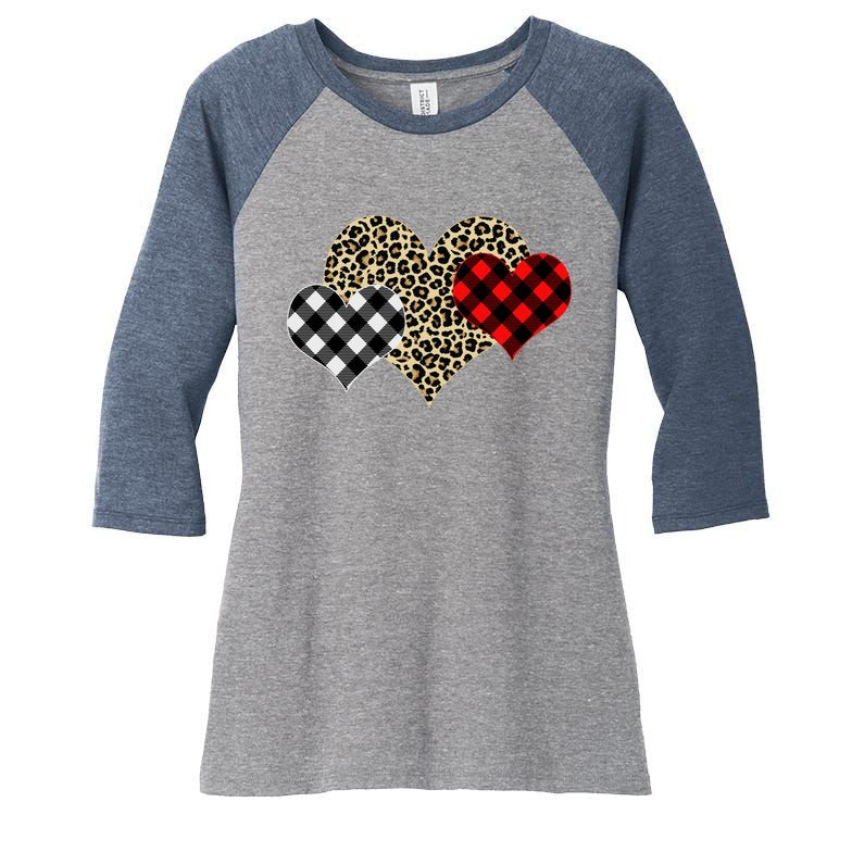 Cute Stylish Leopard Plaid Print Valentine Hearts Women's Tri-Blend 3/4-Sleeve Raglan Shirt