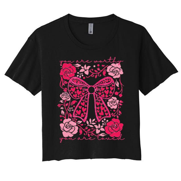 Checkered ValentineS Day Heart Coquette Bow Retro Valentine Women's Crop Top Tee