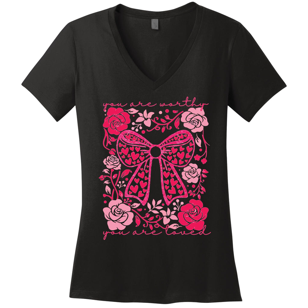 Checkered ValentineS Day Heart Coquette Bow Retro Valentine Women's V-Neck T-Shirt