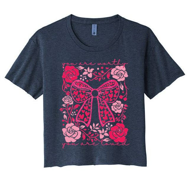 Checkered ValentineS Day Heart Coquette Bow Retro Valentine Women's Crop Top Tee