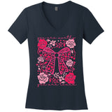 Checkered ValentineS Day Heart Coquette Bow Retro Valentine Women's V-Neck T-Shirt