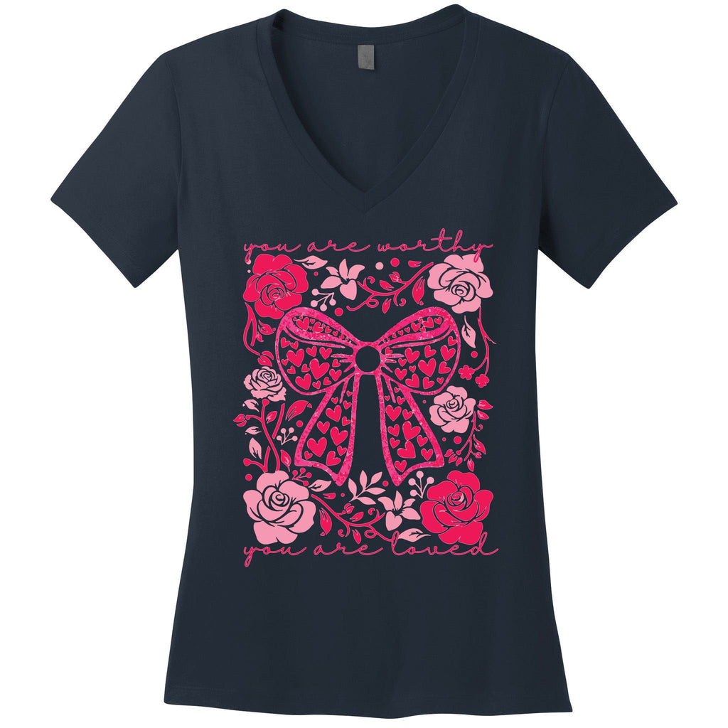 Checkered ValentineS Day Heart Coquette Bow Retro Valentine Women's V-Neck T-Shirt