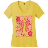 Checkered ValentineS Day Heart Coquette Bow Retro Valentine Women's V-Neck T-Shirt