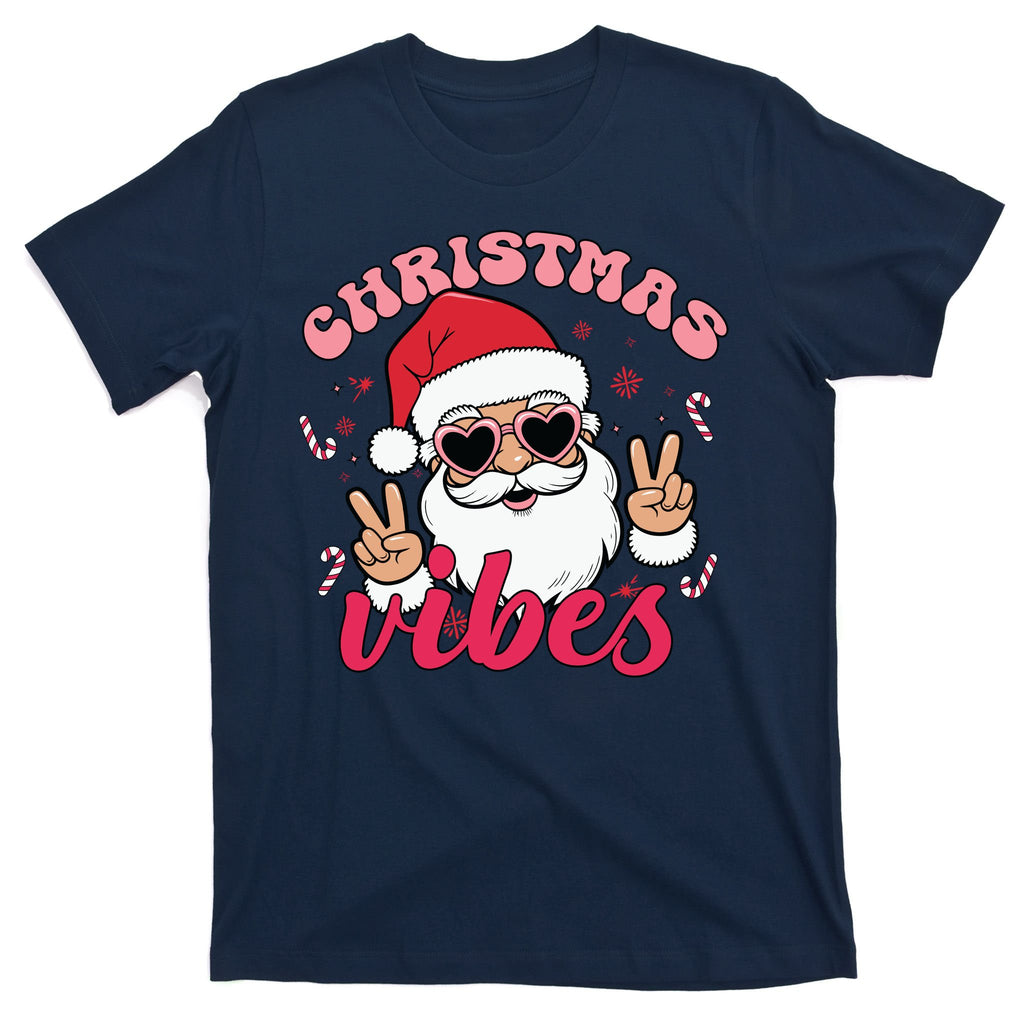 Christmas Vibes Santa Claus Peace Retro Groovy T-Shirt