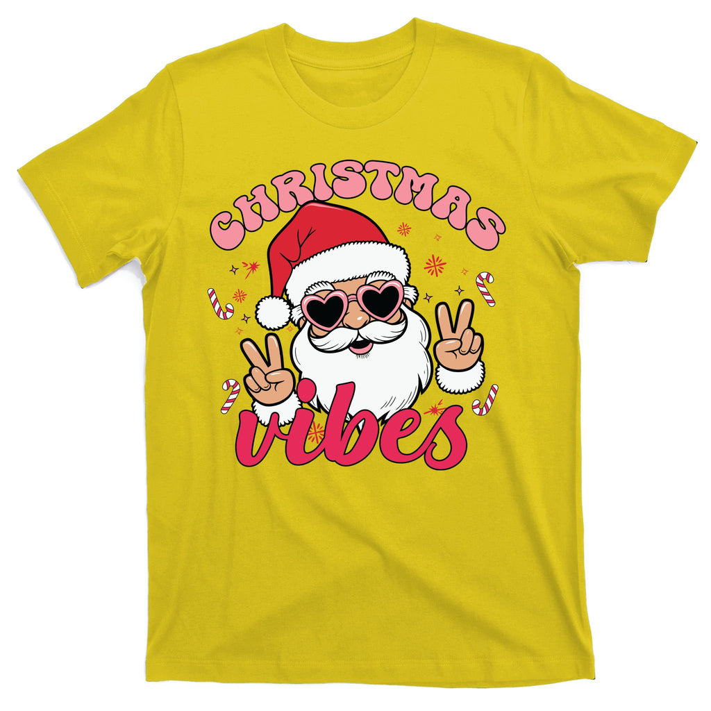 Christmas Vibes Santa Claus Peace Retro Groovy T-Shirt