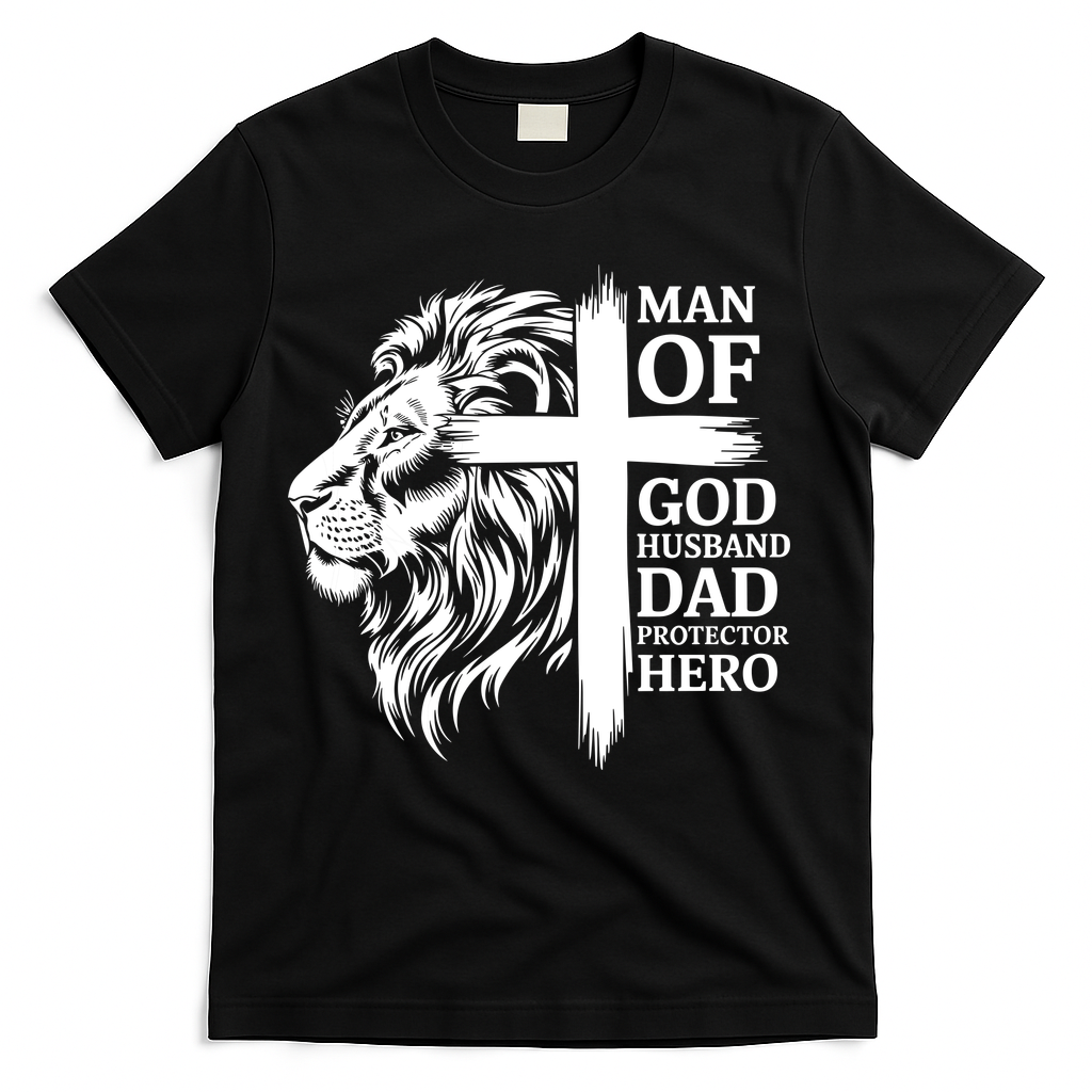 Man Of God Husband Daddy Protector Hero Dad Lion Jesus Cross T-Shirt