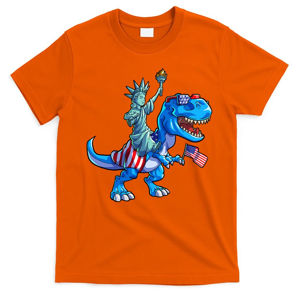 Dino Statue Of Liberty 4th Of July American Flag T-Shirt