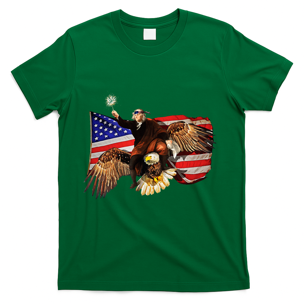 Ben Franklin Riding Eagle Funny July 4th American Flag T-Shirt
