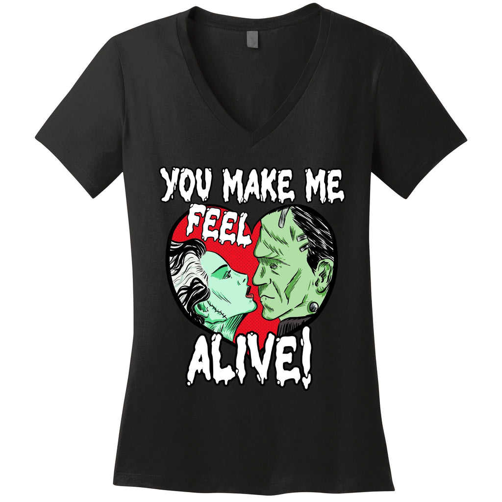 Frankenstei!N And Bride Horror Valentine You Make Me Feel Alive Women's V-Neck T-Shirt