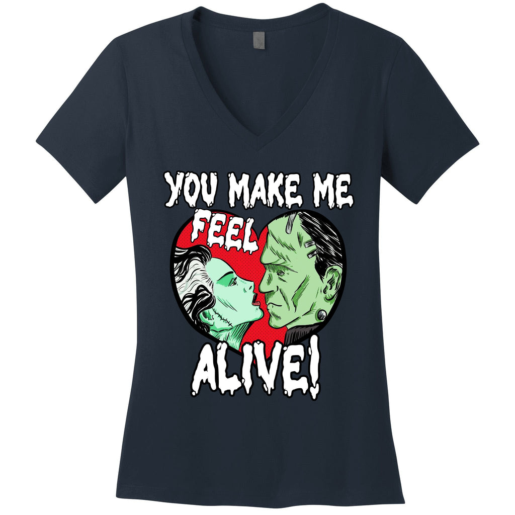 Frankenstei!N And Bride Horror Valentine You Make Me Feel Alive Women's V-Neck T-Shirt