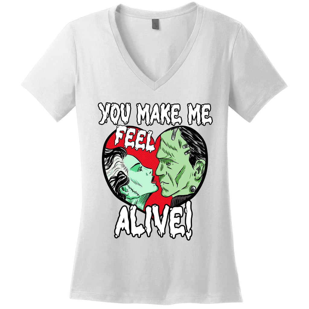 Frankenstei!N And Bride Horror Valentine You Make Me Feel Alive Women's V-Neck T-Shirt
