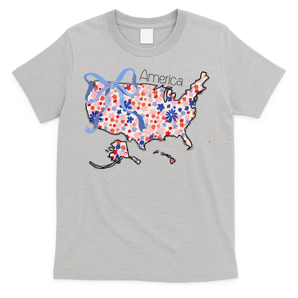 Floral America Coquette Bow USA Map 4th Of July Patriotic T-Shirt