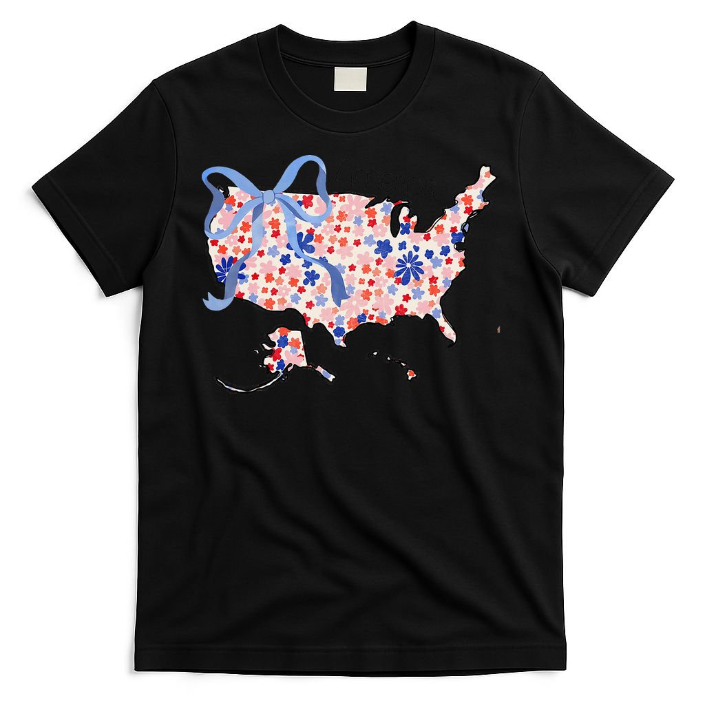 Floral America Coquette Bow USA Map 4th Of July Patriotic T-Shirt