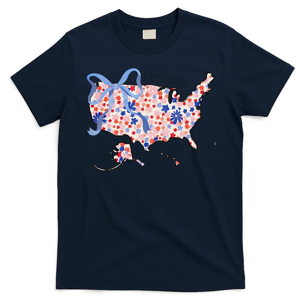 Floral America Coquette Bow USA Map 4th Of July Patriotic T-Shirt
