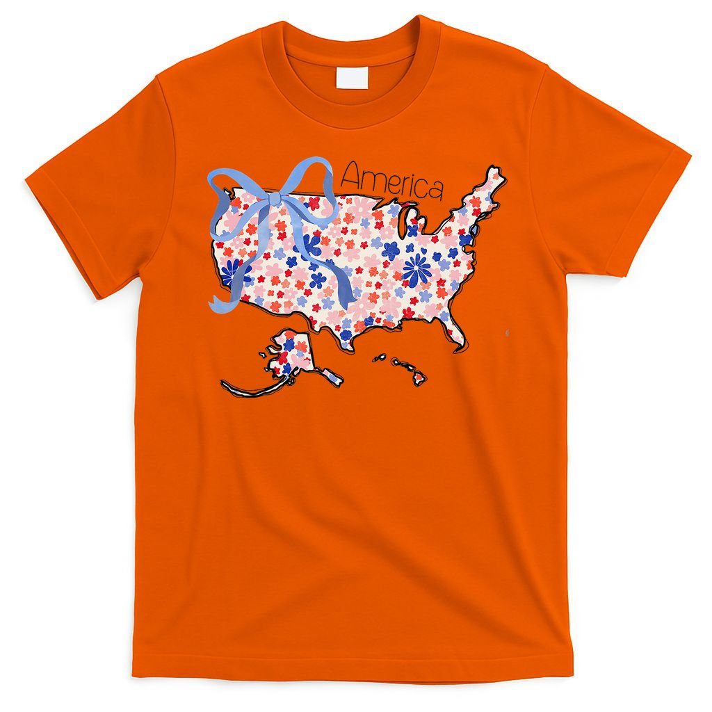Floral America Coquette Bow USA Map 4th Of July Patriotic T-Shirt