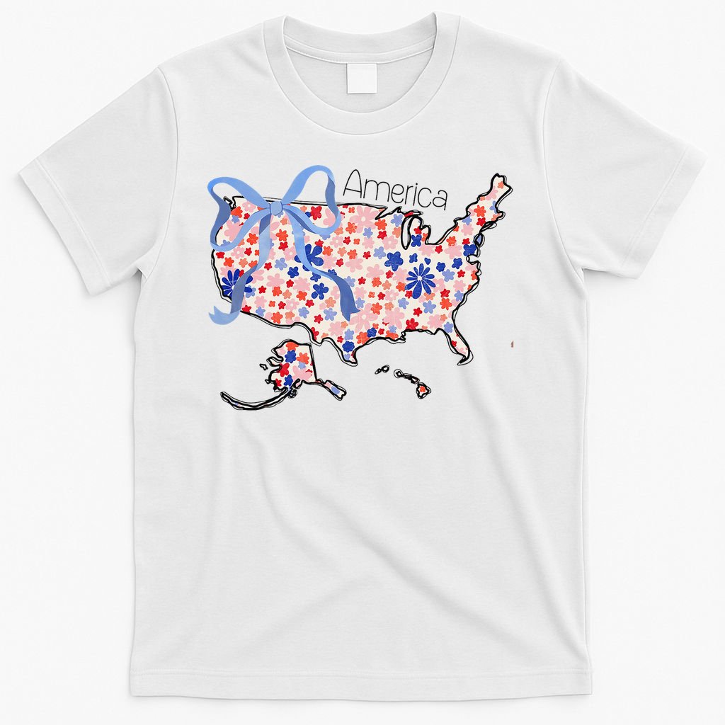 Floral America Coquette Bow USA Map 4th Of July Patriotic T-Shirt