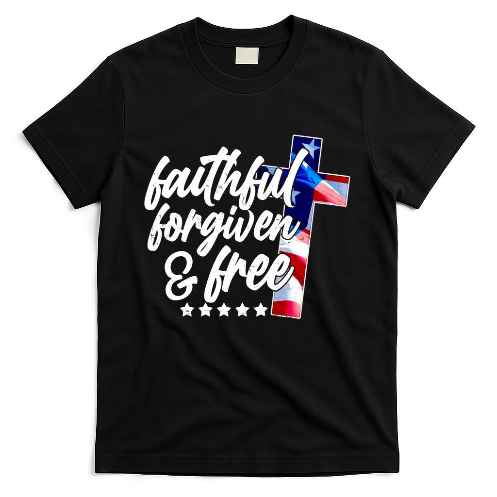 Faithful Forgiven and Free USA American Flag Cross T-Shirt