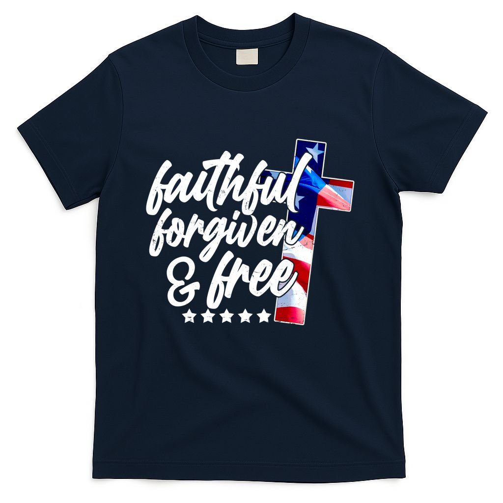 Faithful Forgiven and Free USA American Flag Cross T-Shirt