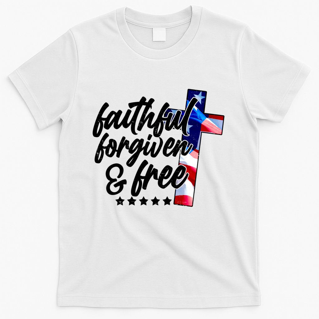Faithful Forgiven and Free USA American Flag Cross T-Shirt
