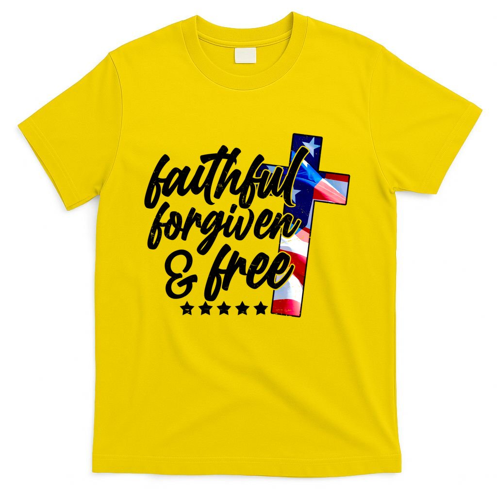 Faithful Forgiven and Free USA American Flag Cross T-Shirt
